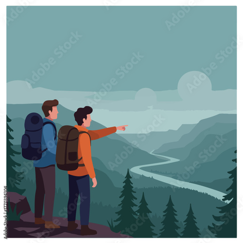 Two hikers with backpacks overlooking a mountainous landscape, one pointing towards a winding river