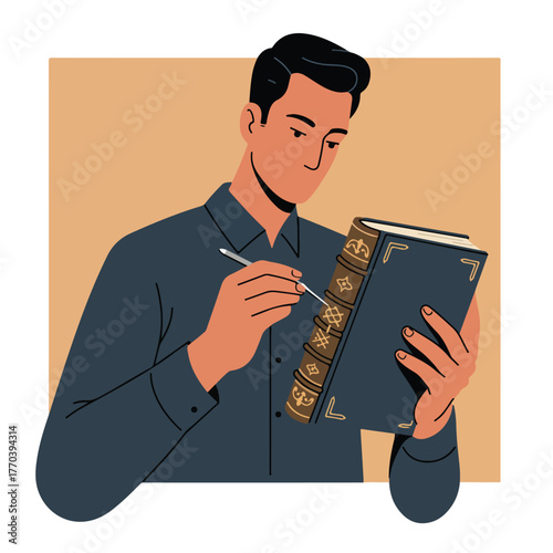 A person with dark hair, dark shirt, and an orange complexion is examining a book with a pen