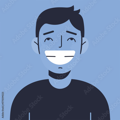 Simple illustration of a smiling human face in a minimalist, flat design with dark hair and blue tones