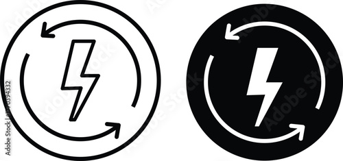 Lightning bolt with circular arrow symbol. Energy cycle icon set. Black lightning bolt symbol within a circular arrow flow. sustainable power cycle on transparent background 
