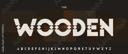 Handmade Carved Font, Folk Tribal Alphabet, Craft Wooden Totem Letters, Decorative Typographic Design for Ethnic Music Fest Title, Boho Headline on Natural Brown Background. Vector Typeset.