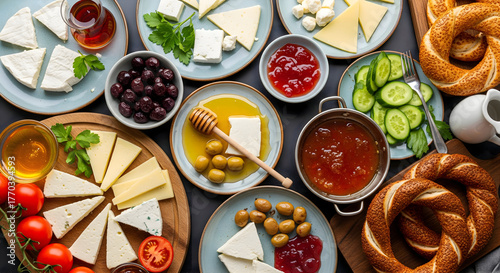 Wallpaper Mural Exquisite Turkish breakfast spread featuring diverse cheeses, olives, jams, fresh tomatoes, and simit bread creating a vibrant culinary scene. Torontodigital.ca