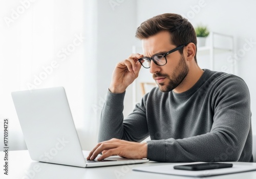 Mid-Adult Man Working From Home, Slightly Frustrated with Laptop, White Background - Remote Work Challenges