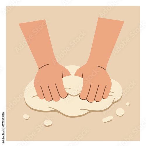 Two stylized hands kneading dough in a light tan color. Flour details and simple background