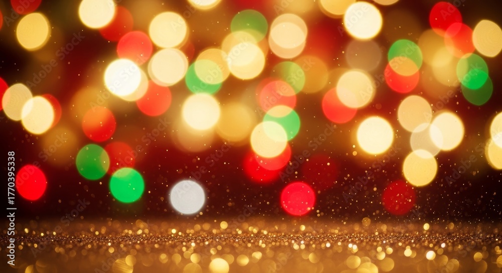 Fototapeta premium Festive blurred Christmas lights creating colorful bokeh effect with red, green, gold, and white circular lights. Golden glitter sparkles at bottom. Holiday atmosphere.