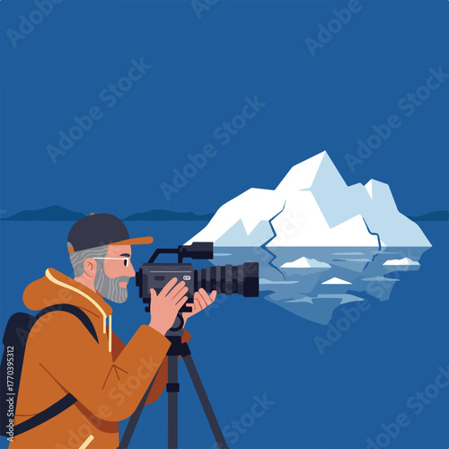 A bearded man with a camera on a tripod films an iceberg in a polar region. Blue water and sky