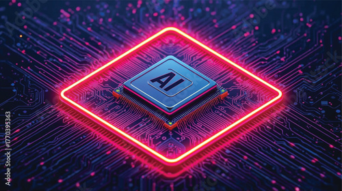 Futuristic Electronic Processor with Neon Light Effect, 3D Vector Graphic.