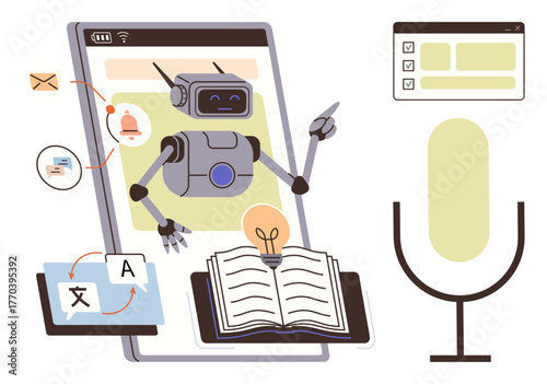 Robot interacting with language translation, email, notifications, book, voice recognition, and communication tools. Ideal for education, AI, technology e-learning language learning automation