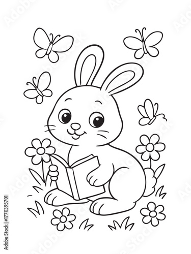 Reading Rabbit's Wonderland: A charming illustration depicts a delightful rabbit, absorbed in a book amidst a whimsical scene of flowers and fluttering butterflies.
