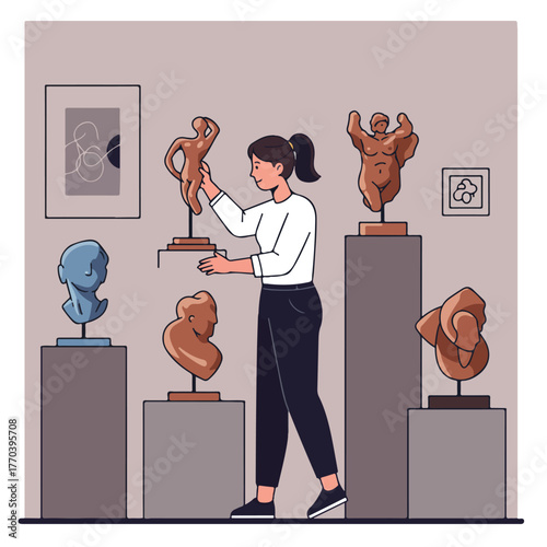 A person in a white top and dark pants examines sculptures in a gallery setting with minimalist art on the wall