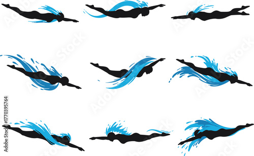 Swimmer silhouettes in dynamic poses with blue water splashes, 3x3 grid vector illustration, aquatic sports and motion concept