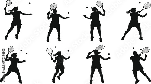 Tennis icon set, silhouette poses with racket and ball showing swing motion, sport, athleticism, timing, vector design, black grid