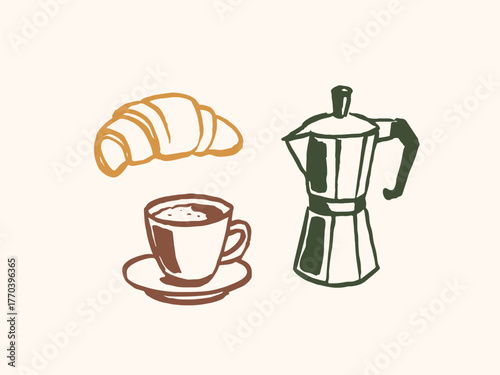 coffee cup moka pot croissant hand-drawn sketch vector illustration
