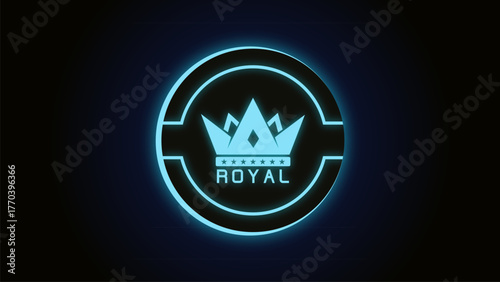Glowing circle crown icon shows royal text and stars with blue neon light on a dark background