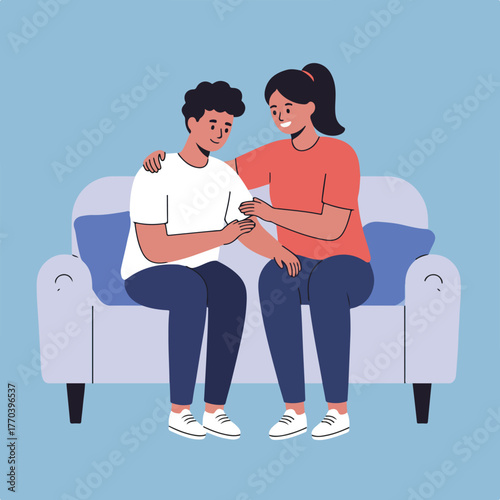 Illustration depicts two people on a sofa, one comforting the other with hands placed on arms and shoulders