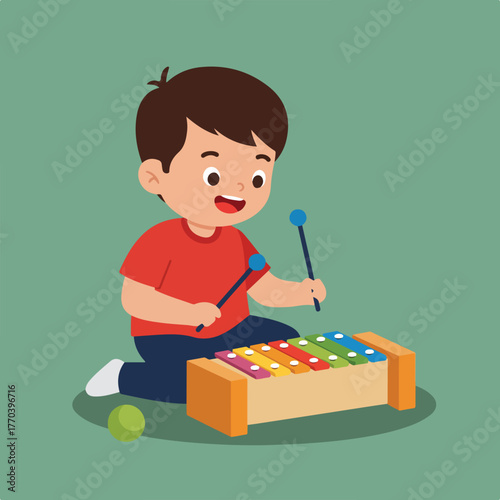 A cartoon child sits cross-legged, happily playing a xylophone with mallets against a green background