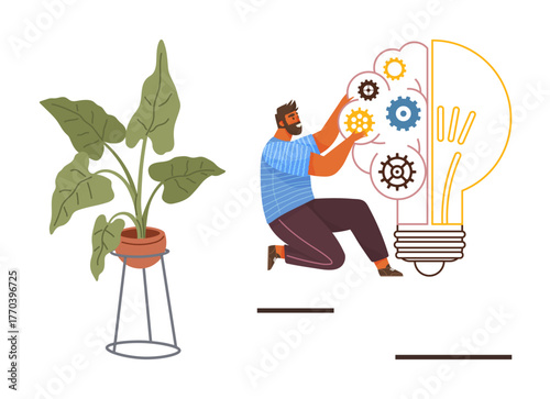 Man kneeling while arranging colorful gears within a light bulb illustration. Potted green plant stands nearby. Ideal for innovation, problem-solving, creativity, sustainability, growth