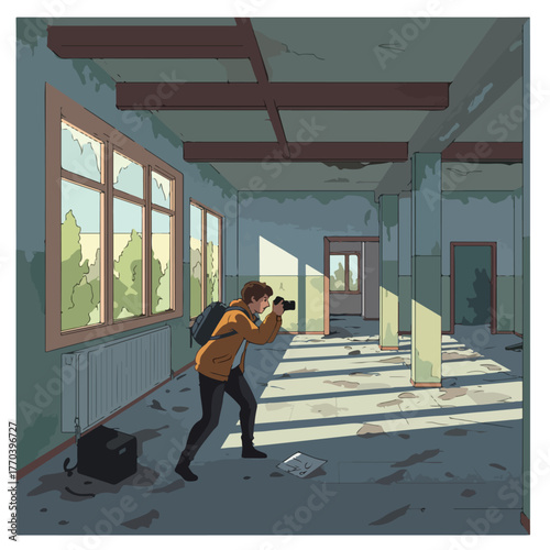A photographer captures an image in a decaying, abandoned building. Light streams through windows