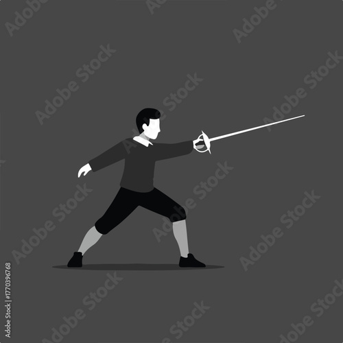 A stylized illustration of a person in a fencing stance with a foil against a gray background