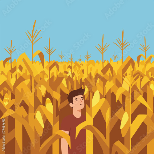 A lost person stares up through a field of tall, yellow-brown plants under a bright blue sky
