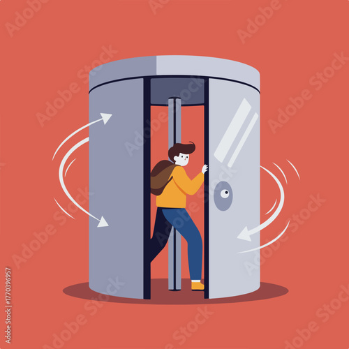 A person enters a turnstile, with directional arrows. Flat vector style, orange background