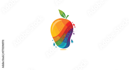 Colorful rainbow mango with water drops and a green leaf, symbolizing freshness and vibrancy.