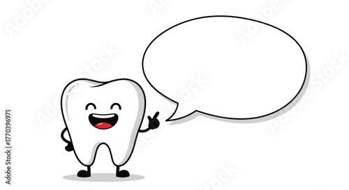 Cartoon tooth character pointing at a speech bubble for dental advice or information.