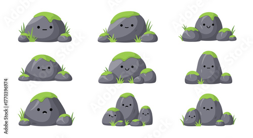 Cute cartoon mossy rocks with various expressions on a white background.