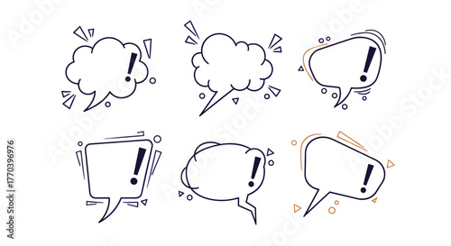 Collection of six comic book style speech bubble icons with exclamation marks.