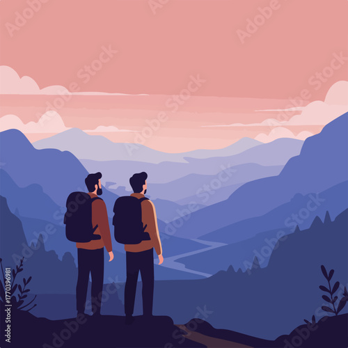 Two figures with backpacks admire a layered mountain landscape at sunset. A winding river and flora are present