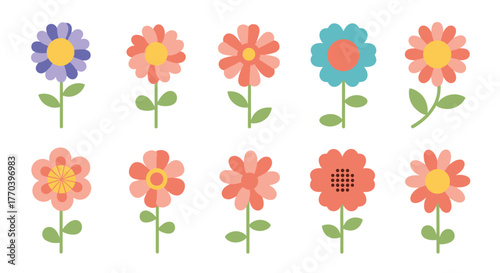 Collection of ten colorful cartoon flowers with stems and leaves on a white background.