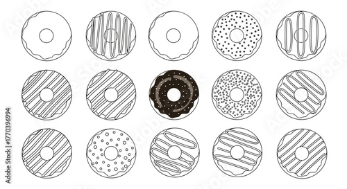 A collection of fifteen outline drawings of donuts with various toppings and icing patterns.