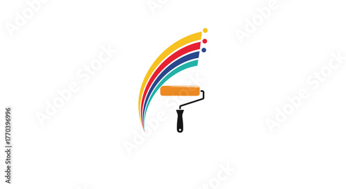 Colorful paint roller creating abstract rainbow brush strokes on white background.