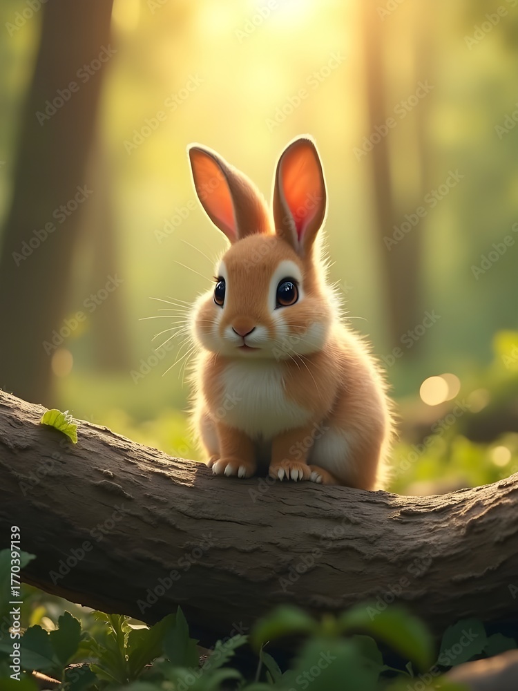 Fototapeta premium Young Rabbit Sitting on Log in Sun-Dappled Forest - Backlit Wildlife Portrait