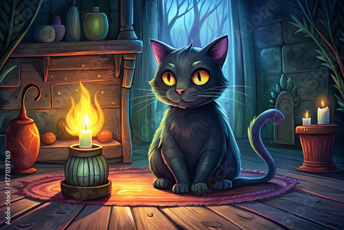 Mysterious black cat sitting beside candle flame on wooden floor in dark moody room
