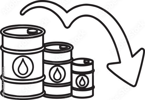 Oil barrels decreasing in size with a downward arrow signifying falling crude oil prices or production