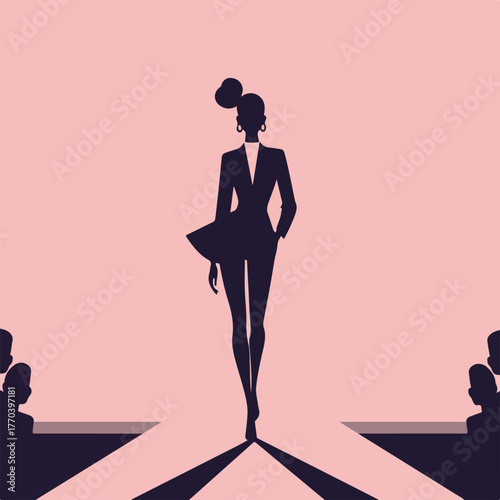 A silhouetted figure struts on a runway, showcasing fashion, surrounded by spectators. Fashion scene