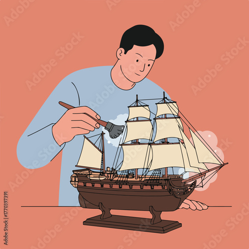 A person with dark hair, wearing a light blue shirt, meticulously paints a detailed model ship