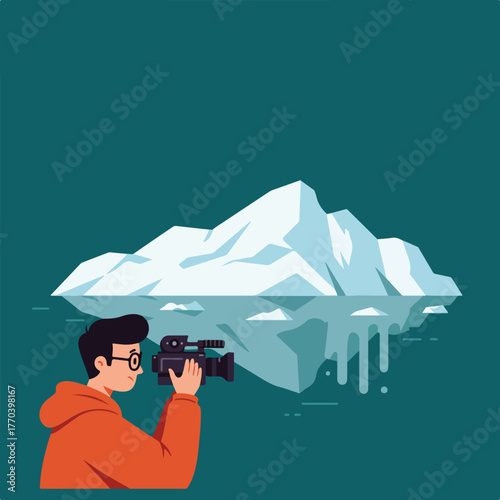 An orange-clad man with glasses films an iceberg reflecting in the water, stylized illustration