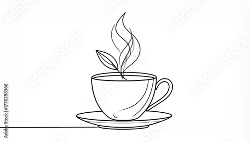 Minimalist continuous line art drawing of a steaming teacup on a saucer with tea leaves, hot beverage illustration.