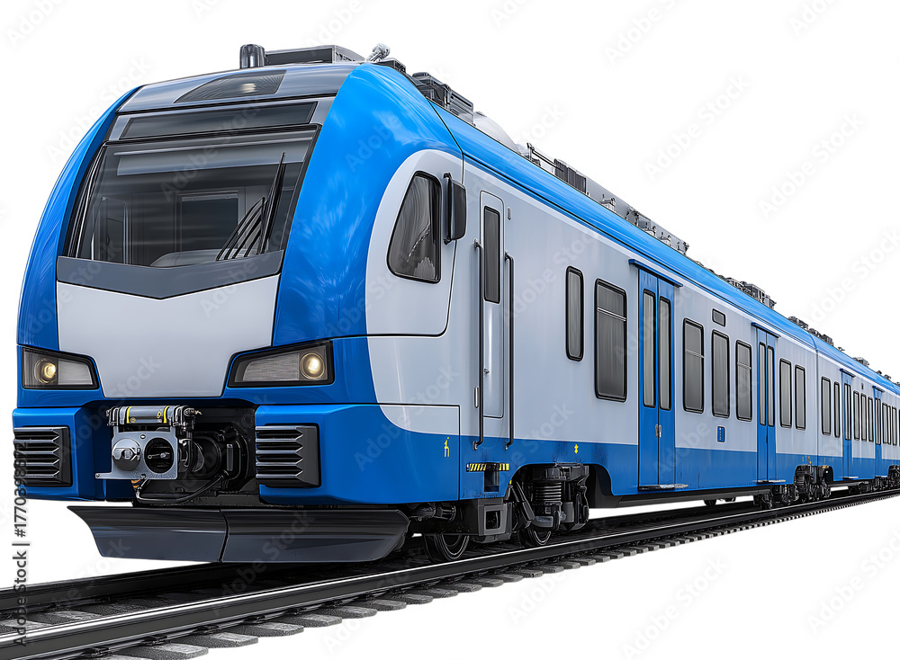 Fototapeta premium Modern Commuter Train on Tracks isolated on a transparent background