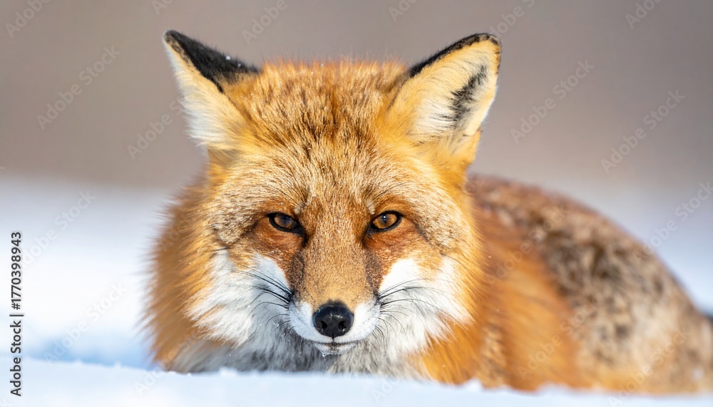 Obraz premium Wild red fox gazes directly at the camera with intense eyes in a pristine white winter wonderland.