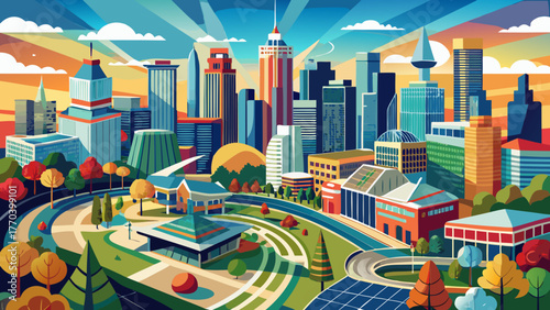 Very beautiful aerial panoramic view of downtown Atlanta skyline, featuring towering skyscrapers, urban streets, and bustling city life under a clear blue sky, highlighting Georgia’s vibrant metropoli