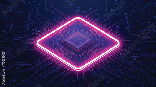 Glowing Processor Chip Vector Illustration, Futuristic Technology Design.
