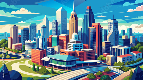 Very beautiful aerial panoramic view of downtown Atlanta skyline, featuring towering skyscrapers, urban streets, and bustling city life under a clear blue sky, highlighting Georgia’s vibrant metropoli