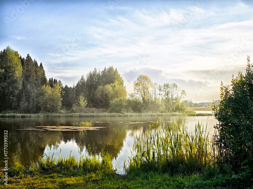 Foto Beautiful early morning view of a calm lake surrounded by lush greenery and tree