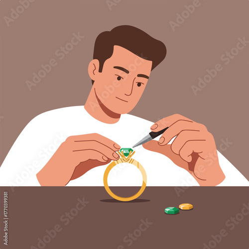A jeweler examines a ring with a green gem, using tweezers, in a detailed illustration