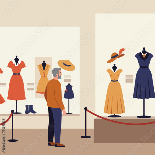 A museum exhibit featuring vintage dresses on mannequins, with a man looking at the display