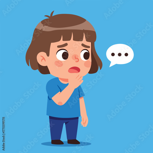A cartoon child wearing blue, looking worried, hand to chin, with speech bubble dots