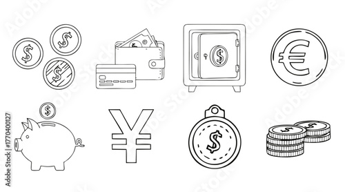 Hand-drawn outline vector icon set for finance and currency. Includes money, piggy bank, credit card, safe, and various global currency symbols.